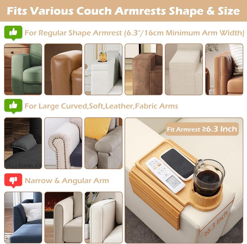 GHKINMAL Couch Cup Holder Tray, 3 in 1 Couch Arm Trays,Large Bamboo Chair Arm Rest Tray with 360° Cup Holder,Removable Anti-Slip Organizer for Snack Eating - Image 2